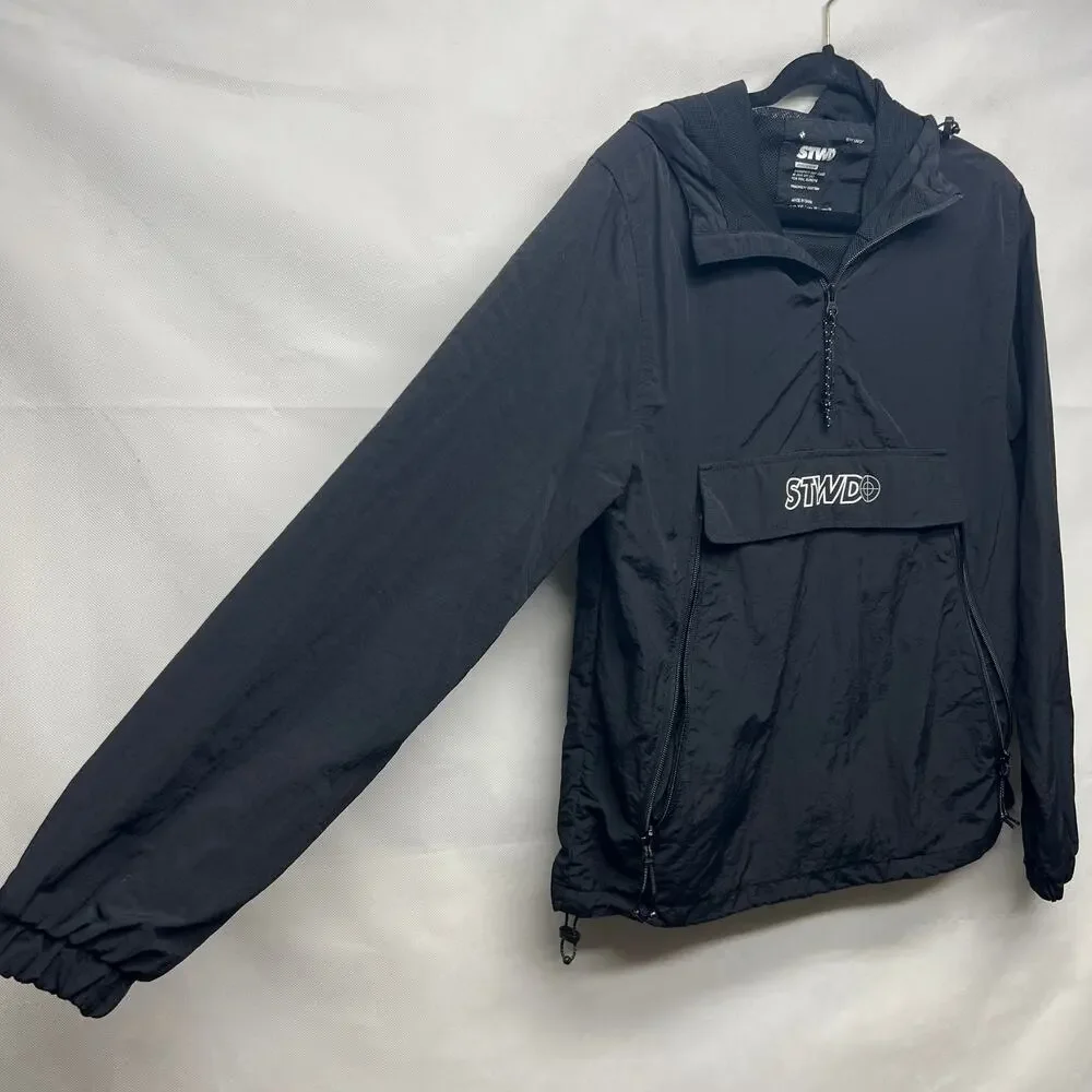 Pull&Bear Men's Black Windbraker Size XS Hooded 1/4 Zip Long Sleeves